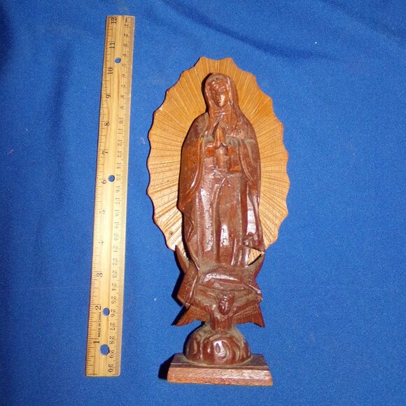 Vintage Carved Wooden Virgin Mary Madonna w/ Jesus Shelf Display Statue Figurine - Picture 3 of 7